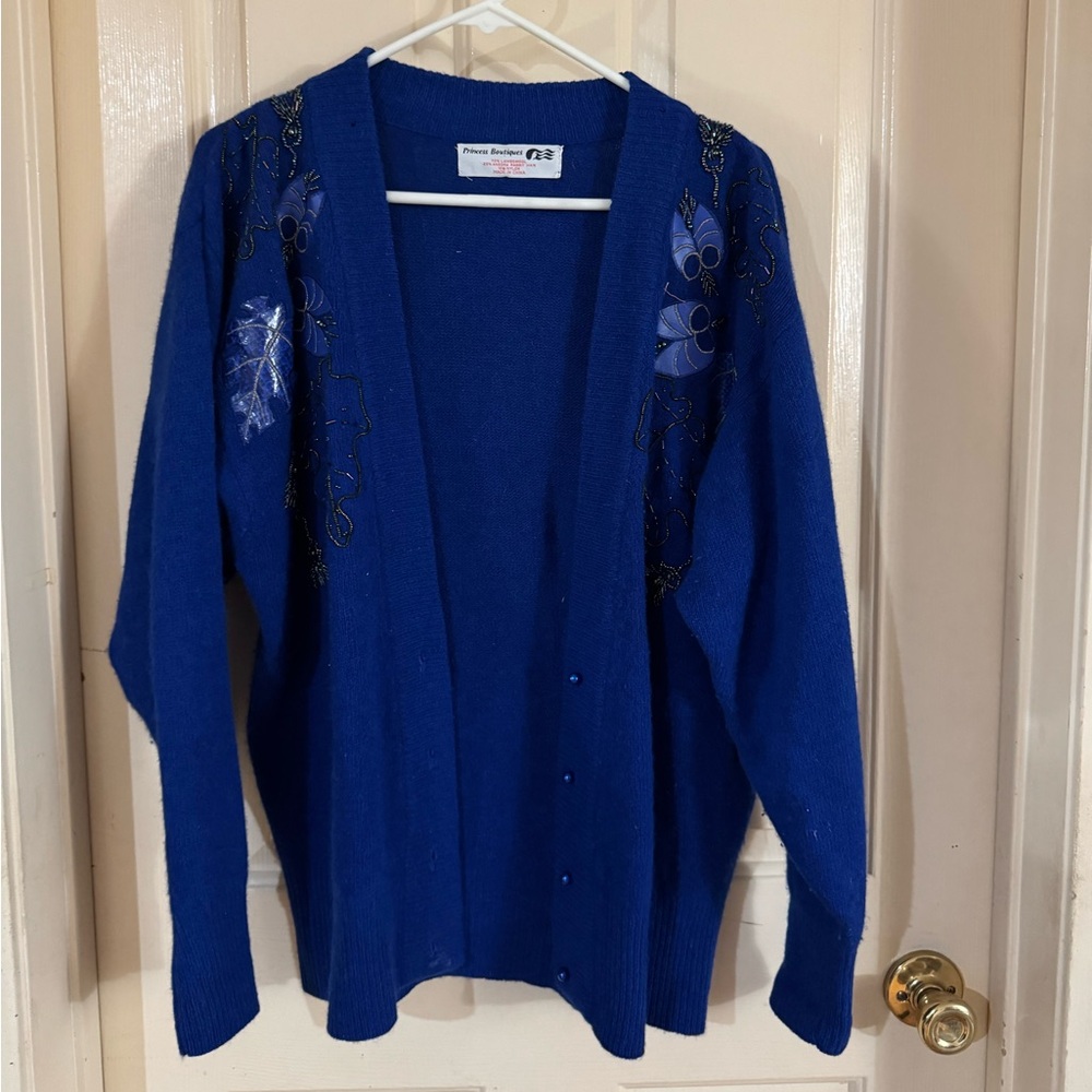 blue knit cardigan